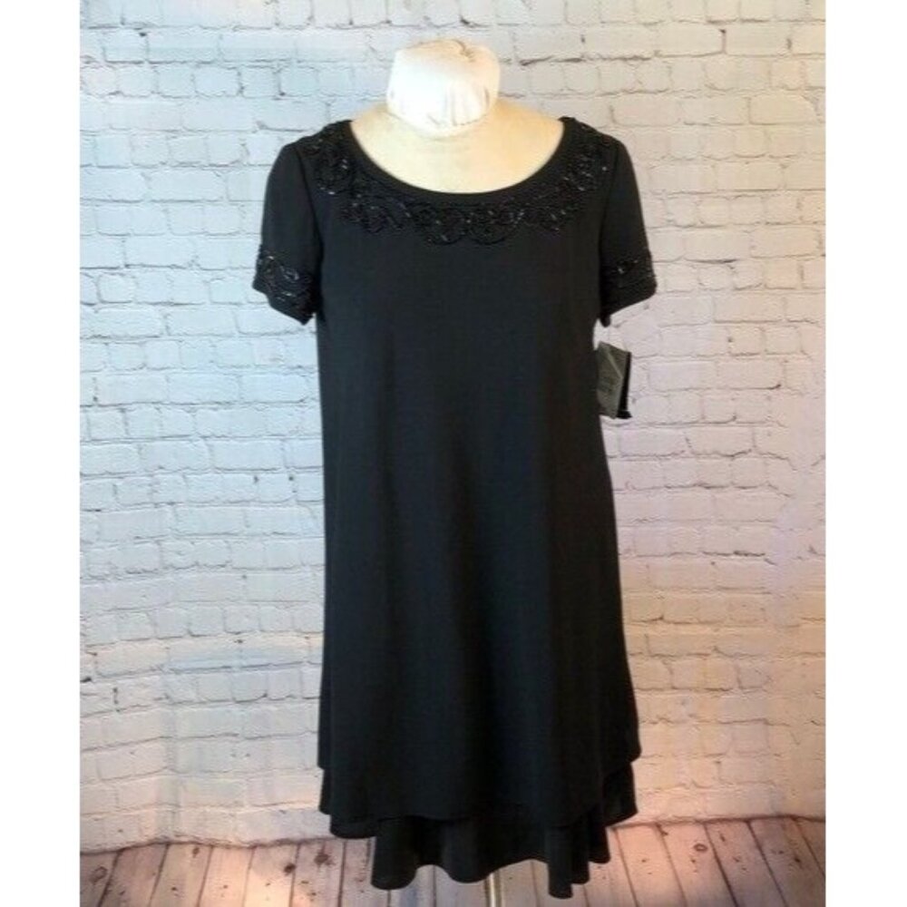 NWT Liz Claiborne Formal Black Dress Beaded Short Sleeve Tiered Hem Size 8